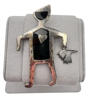 Ann Harvey Mexican Sterling Silver Figure Heart Flower Brooch Pin Modernist
